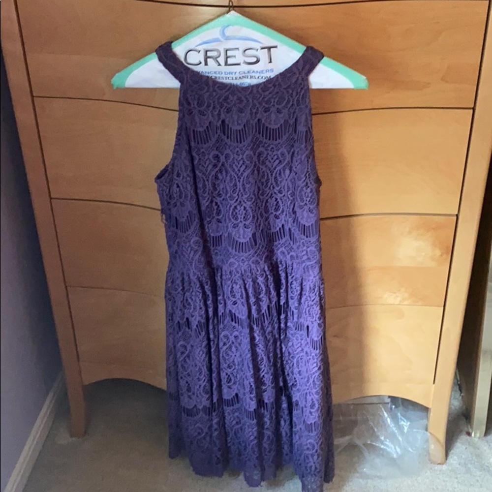 Purple halter dress with woven overlay